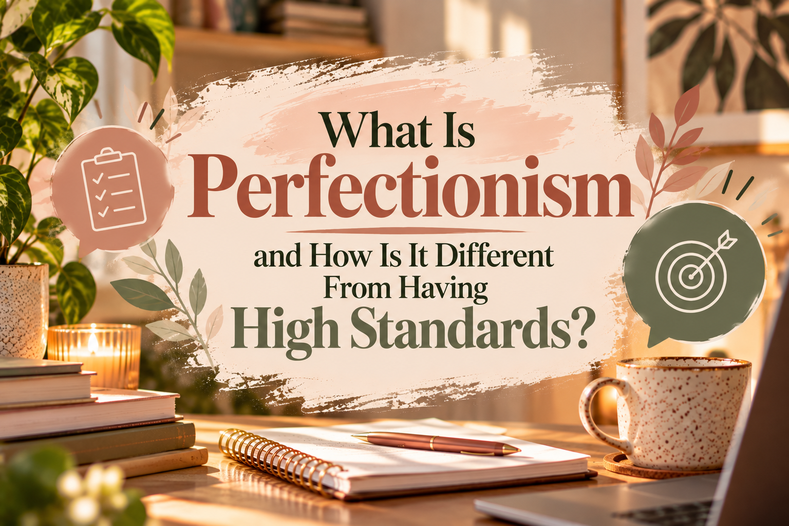Editorial graphic exploring the difference between perfectionism and high standards, featuring checklist and target icons in a warm, inviting workspace with books, a notebook, and a coffee mug.