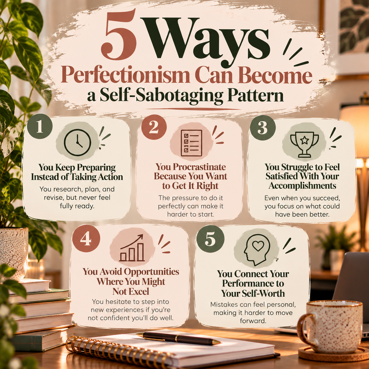 Infographic illustrating five ways perfectionism can become a self-sabotaging pattern, including overpreparing, procrastination, difficulty celebrating accomplishments, avoiding new opportunities, and tying performance to self-worth.