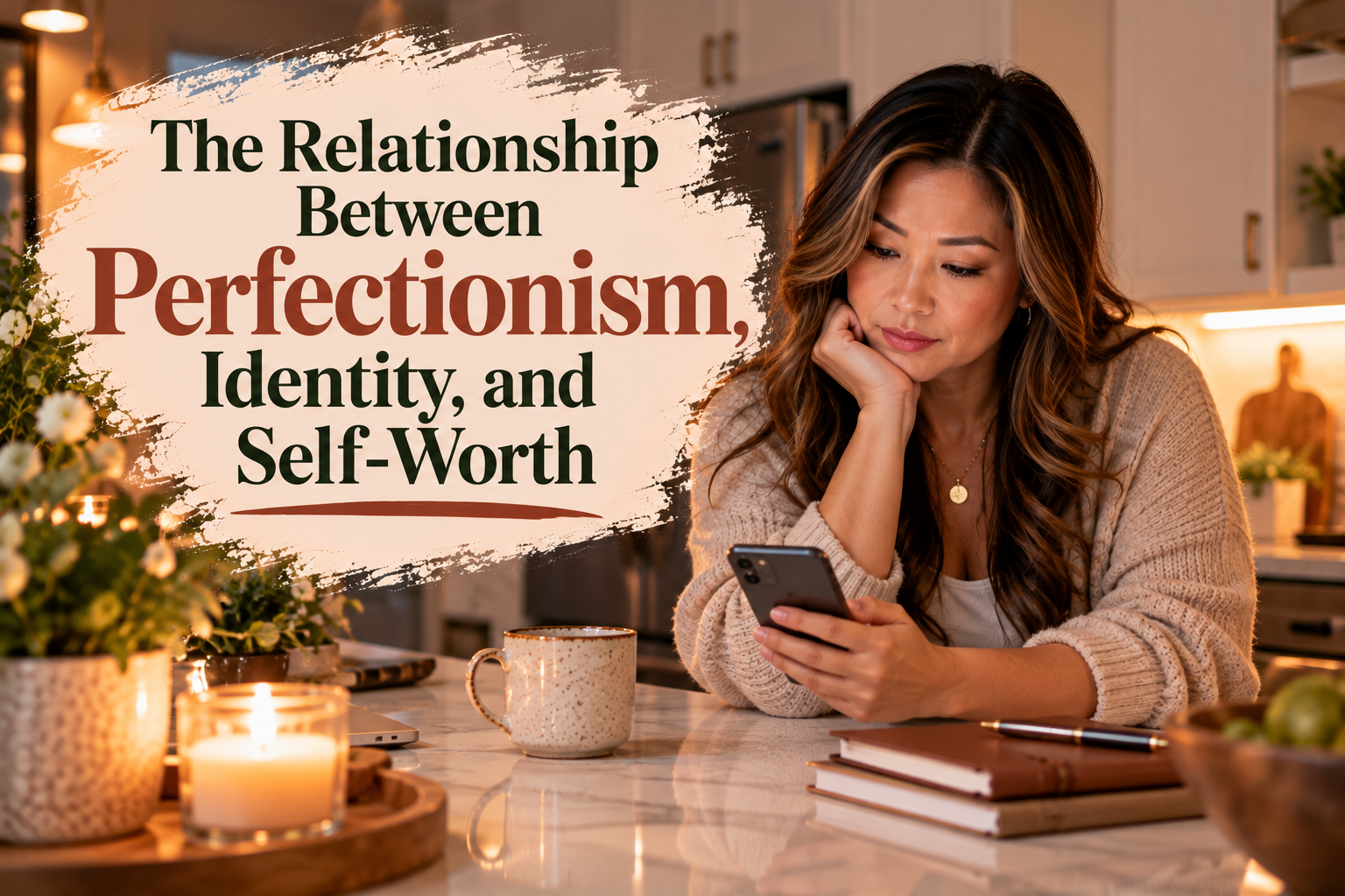 Asian woman in her 40s with long brown hair and golden highlights thoughtfully looking at her phone while seated at a kitchen island, illustrating the relationship between perfectionism, identity, and self-worth.
