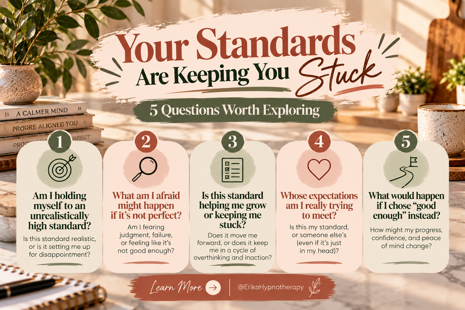 Horizontal infographic featuring five self-reflection questions to help identify when perfectionism, unrealistic expectations, and fear of making mistakes may be keeping you stuck and preventing progress.