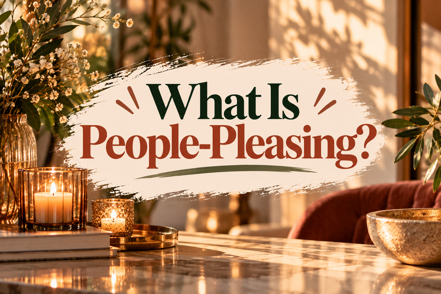 Warm, inviting graphic featuring the question “What Is People-Pleasing?” in elegant typography, surrounded by candles, greenery, and soft natural lighting.