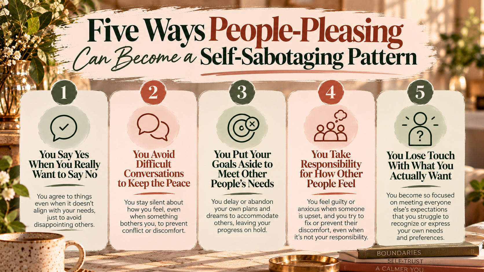 Horizontal infographic illustrating five ways people-pleasing can become a self-sabotaging pattern: saying yes when you want to say no, avoiding difficult conversations, putting personal goals aside, taking responsibility for others’ feelings, and losing touch with your own needs.