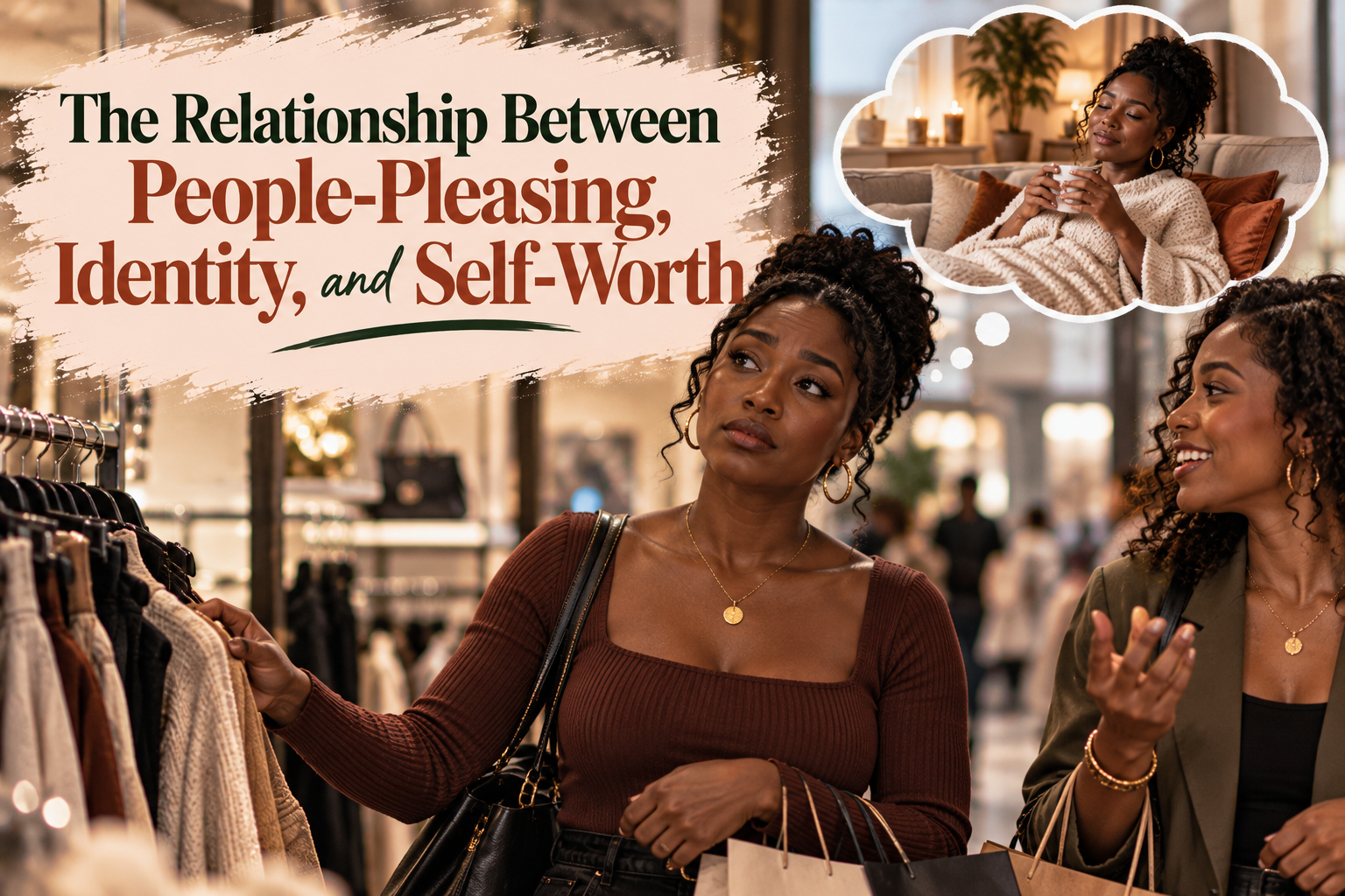Dark-skinned Black woman shopping with a friend while imagining herself relaxing at home on the couch, illustrating the relationship between people-pleasing, identity, self-worth, and prioritizing personal needs.
