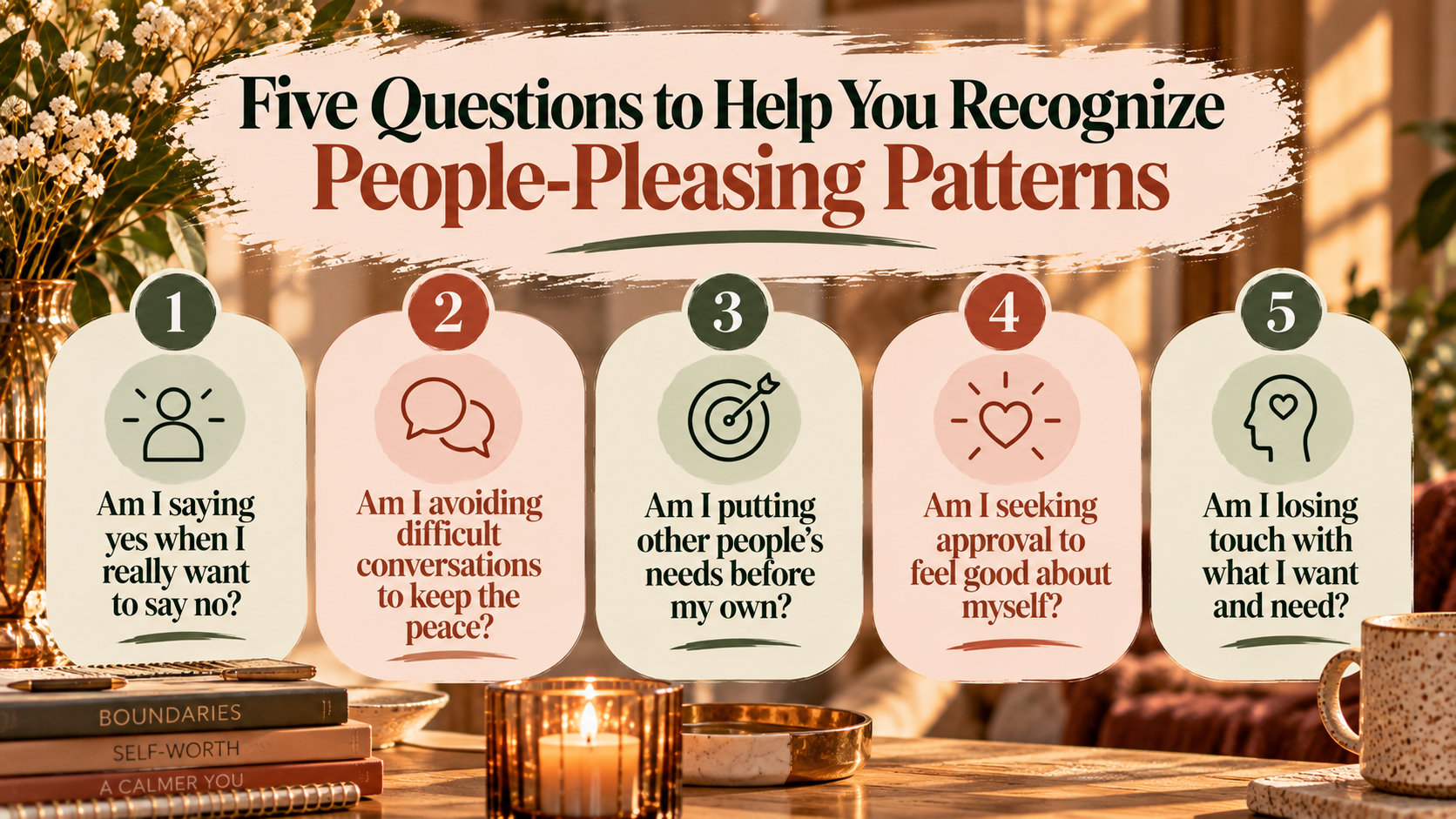 Horizontal infographic featuring five self-reflection questions to help recognize people-pleasing patterns, including difficulty saying no, avoiding conflict, prioritizing others’ needs, seeking approval, and losing touch with personal wants and needs.