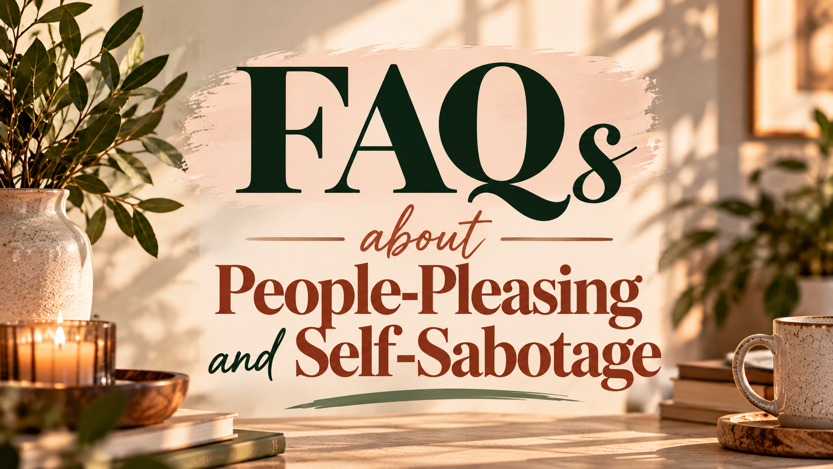 Warm, elegant graphic featuring the text “FAQs About People-Pleasing and Self-Sabotage,” surrounded by greenery, candles, books, and soft natural lighting.
