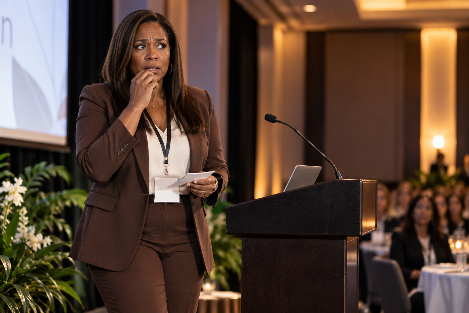 Brown-skinned Black woman in her 40s with straight hair and business attire appearing nervous before speaking at a professional conference, illustrating fear of success, visibility, and increased expectations.