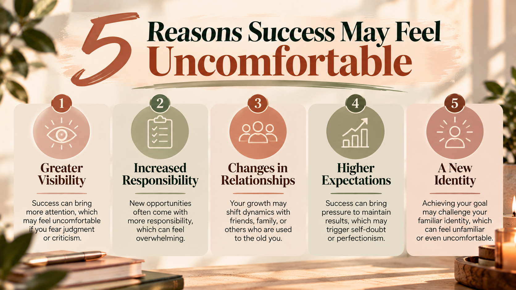 Horizontal infographic highlighting five reasons success may feel uncomfortable: greater visibility, increased responsibility, changes in relationships, higher expectations, and shifts in personal identity.