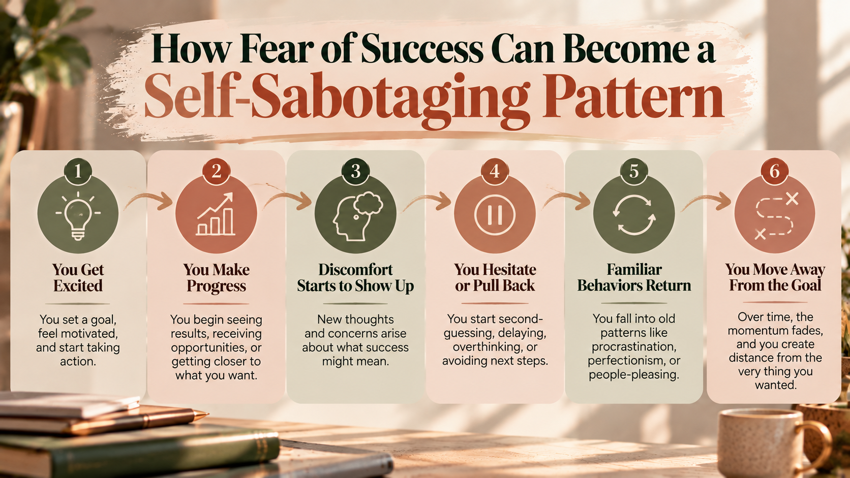 Horizontal infographic illustrating six stages of fear of success and self-sabotage: excitement, making progress, experiencing discomfort, hesitating or pulling back, returning to familiar behaviors, and moving away from the goal.