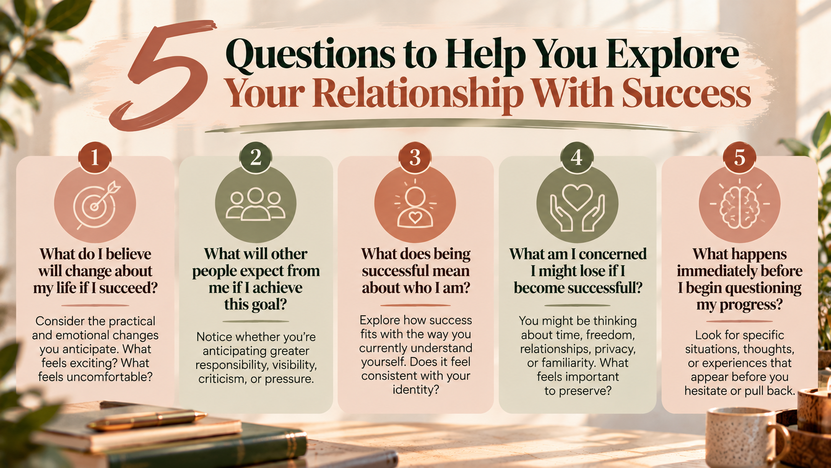 Horizontal infographic featuring five self-reflection questions about fear of success, including anticipated life changes, others’ expectations, personal identity, fear of loss, and hesitation when making progress.