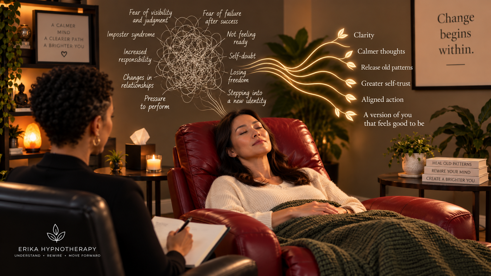 Woman relaxing in a red recliner during a hypnotherapy session at Erika Hypnotherapy, with a visual illustrating the shift from fear of success, self-doubt, and pressure to perform toward clarity, greater self-trust, and aligned action.