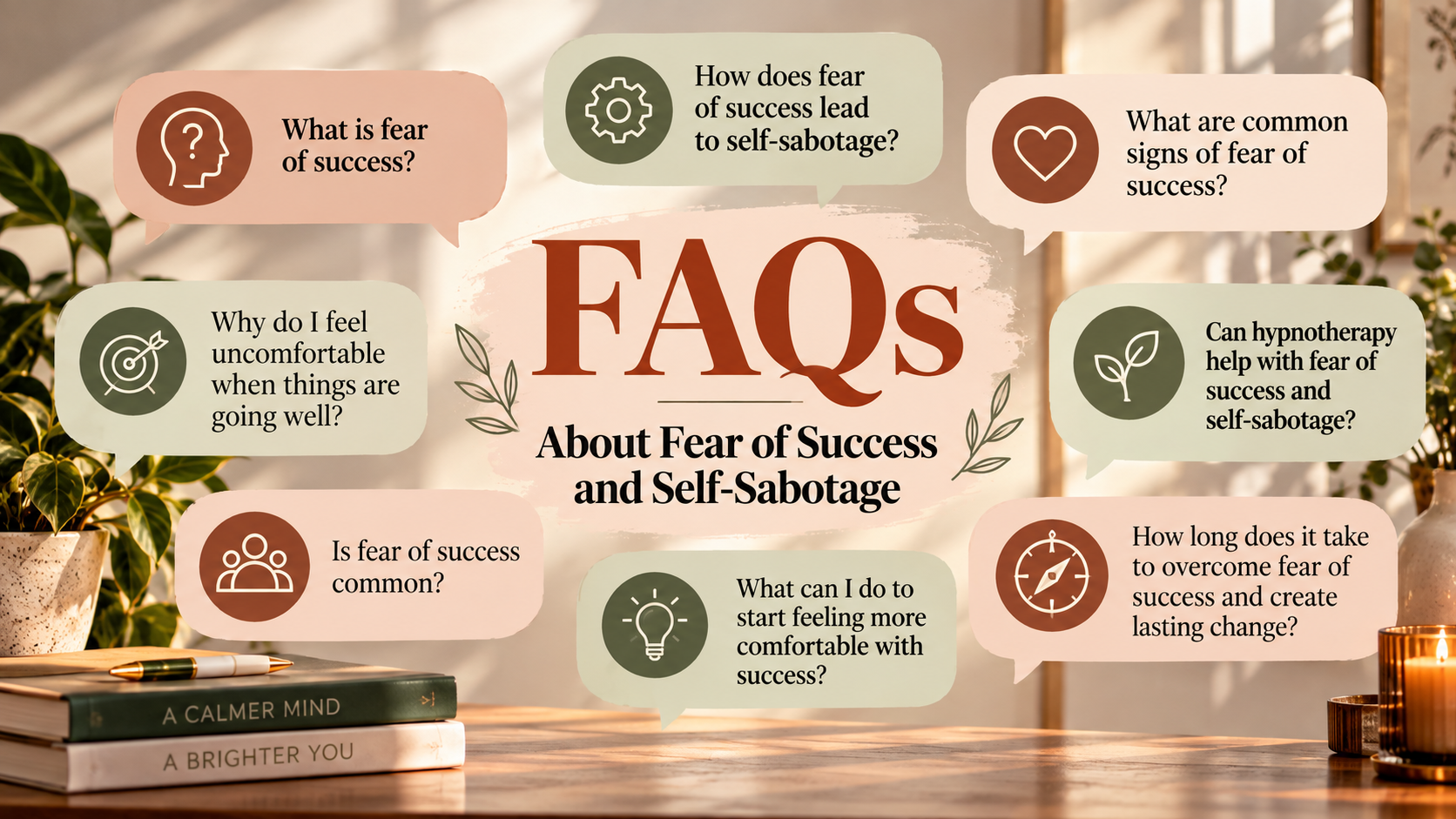 Horizontal FAQ infographic about fear of success and self-sabotage, featuring common questions about signs of fear of success, discomfort with achievement, recurring self-sabotaging patterns, and how hypnotherapy may help.