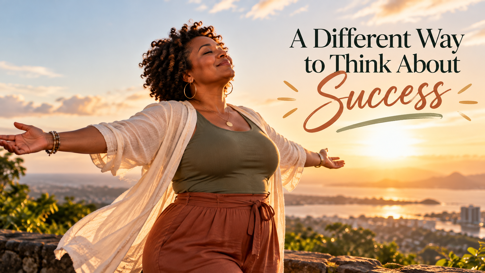 Mid-size Black woman in her 40s standing outdoors at sunset with her arms outstretched and a joyful expression, symbolizing freedom, confidence, new possibilities, and a positive relationship with success.