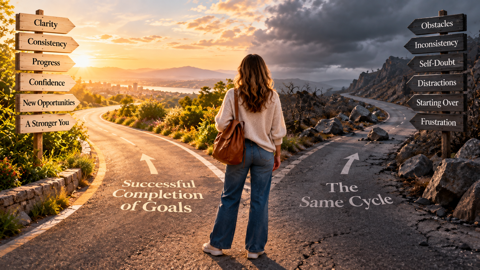 Woman standing at a crossroads between two paths: a sunlit road representing consistency, confidence, progress, and successful goal completion, and a darker road symbolizing obstacles, self-doubt, inconsistency, and the cycle of starting over.