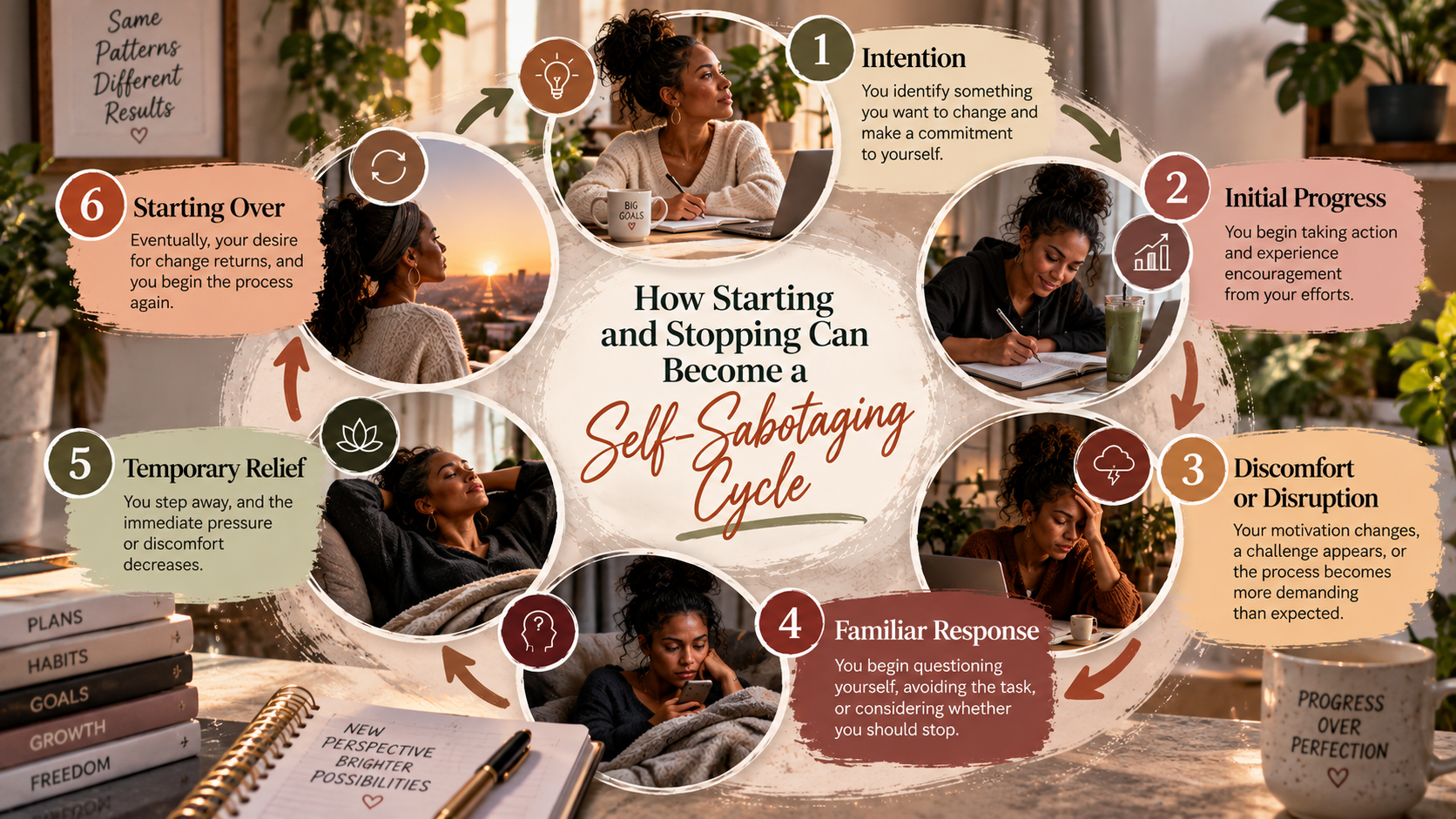 Horizontal circular infographic featuring a Black woman illustrating the six stages of the starting-and-stopping self-sabotage cycle: intention, initial progress, discomfort or disruption, familiar response, temporary relief, and starting over.