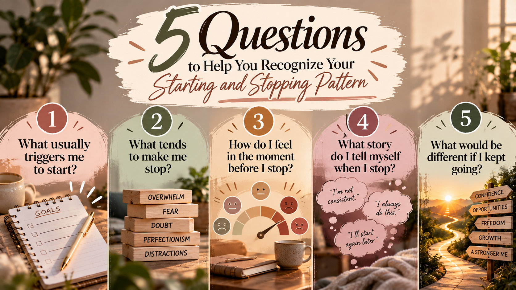 Horizontal infographic featuring five self-reflection questions to help recognize starting-and-stopping patterns, exploring motivation, obstacles, emotions before stopping, negative self-talk, and the possibilities of consistent follow-through.
