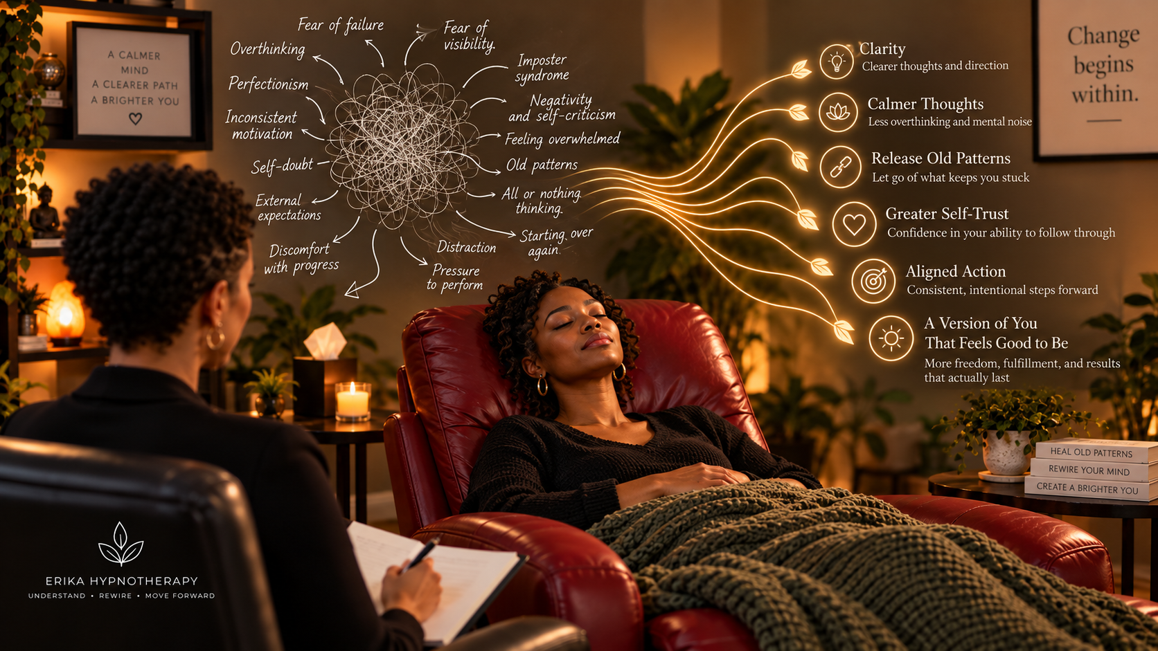 Black woman relaxing in a red recliner during a hypnotherapy session at Erika Hypnotherapy, with a visual illustrating the shift from self-doubt, perfectionism, inconsistent motivation, and recurring self-sabotaging patterns toward clarity, greater self-trust, consistent action, and lasting progress.