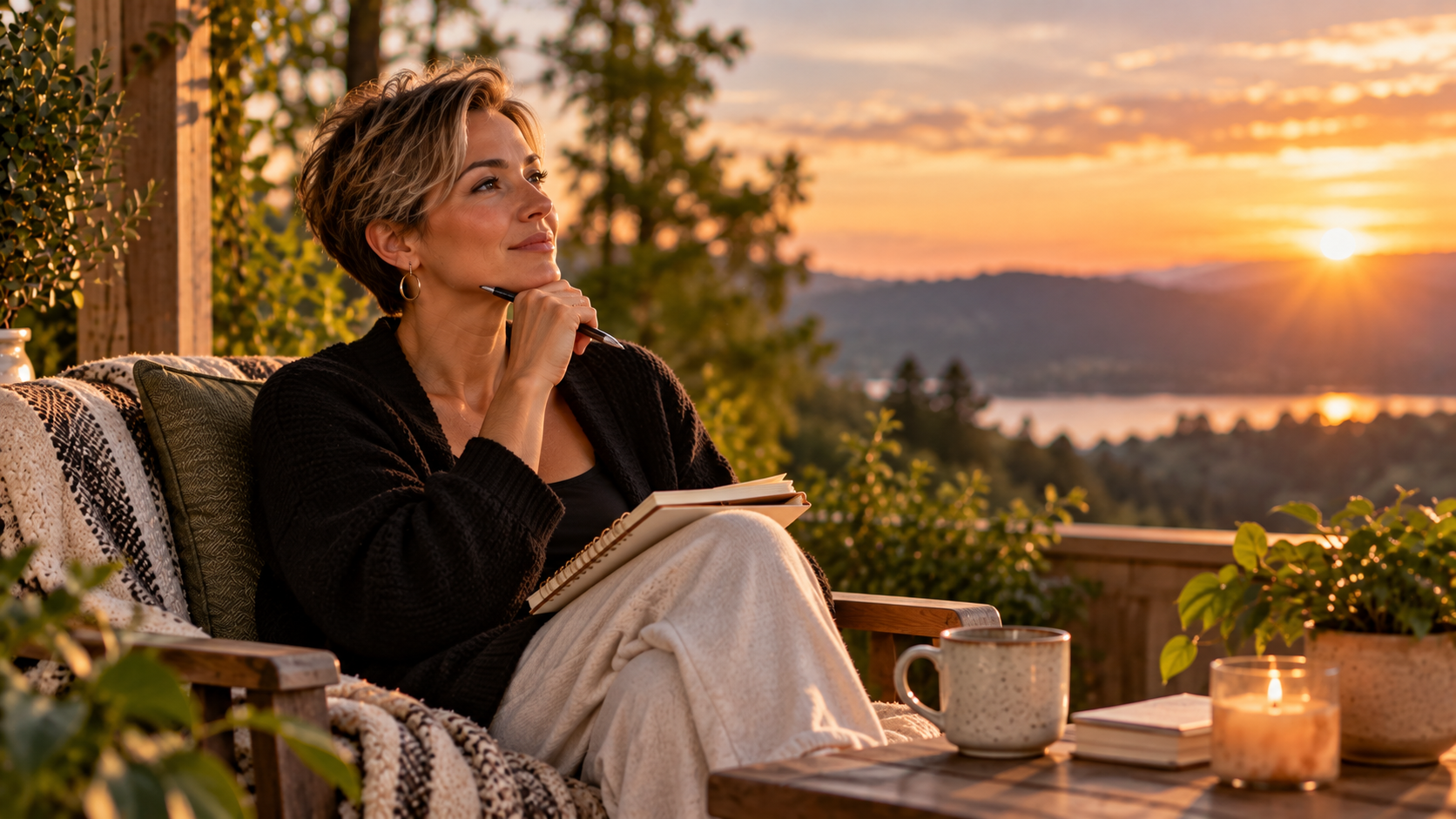 White woman with short hair wearing a black cardigan, sitting outdoors at sunset with a journal, reflecting on personal growth, self-trust, and building a healthier relationship with herself through consistency and follow-through.