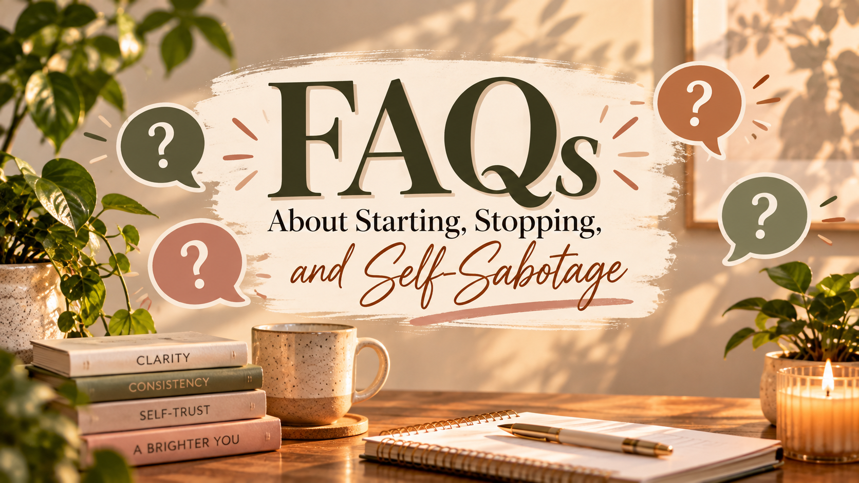 Horizontal FAQs graphic about starting, stopping, and self-sabotage, featuring question mark icons, warm neutral colors, and books representing clarity, consistency, and self-trust.