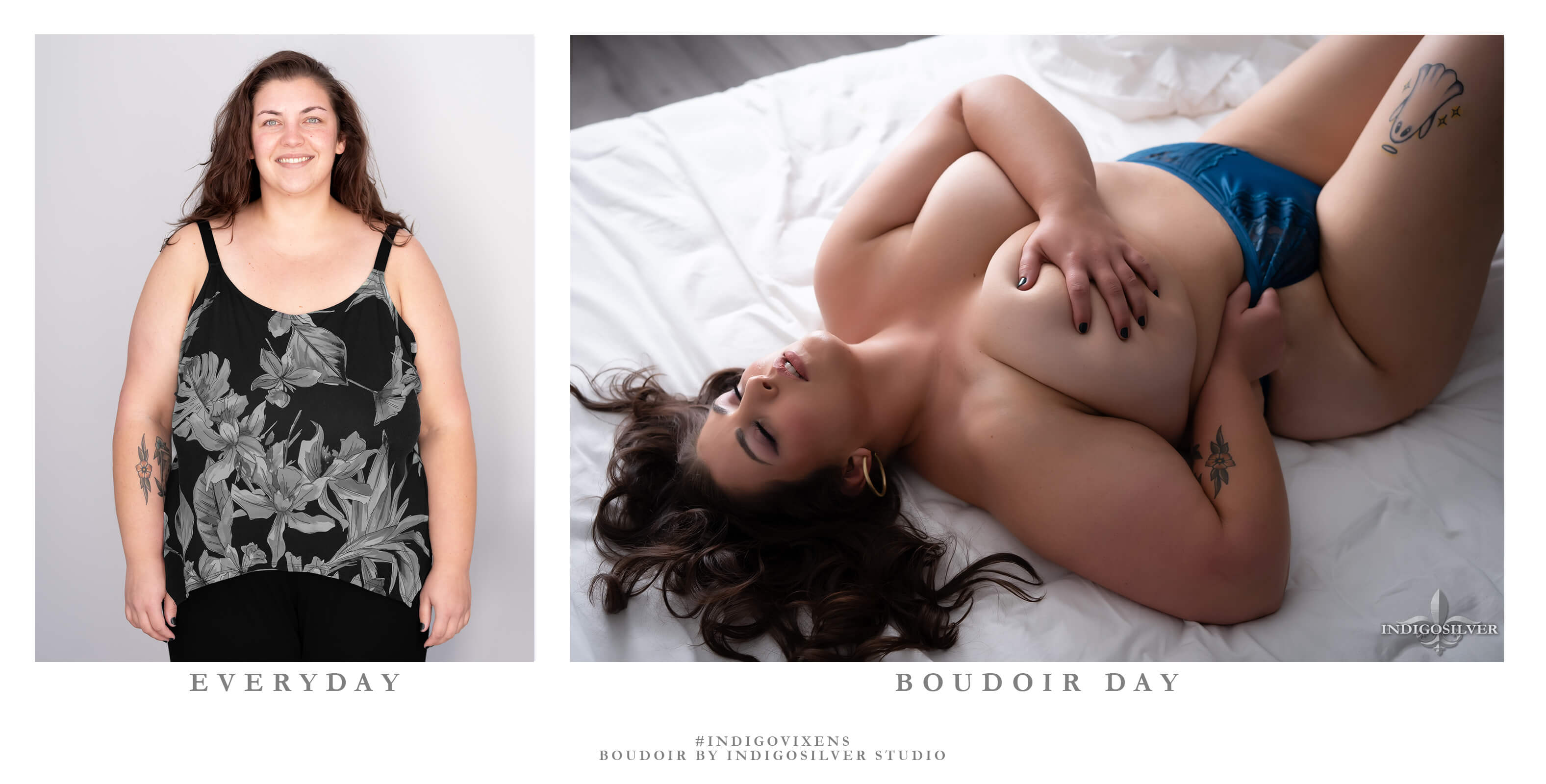 boudoir before and after of a curvy woman
