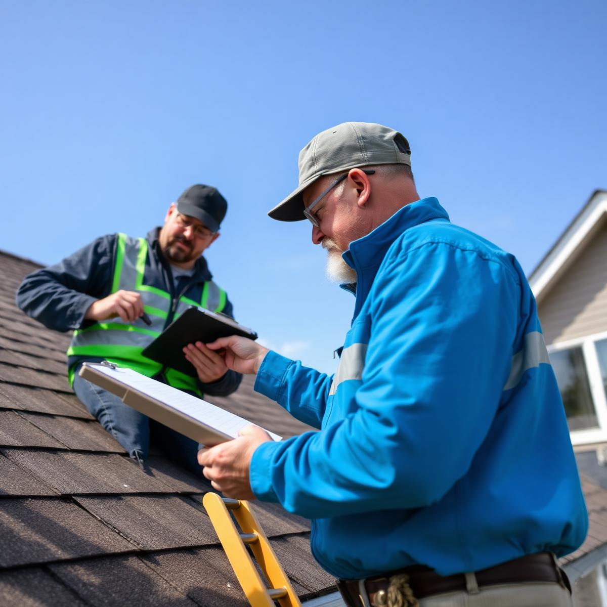 A contractor and insurance adjuster documenting exterior damage on a residential roof