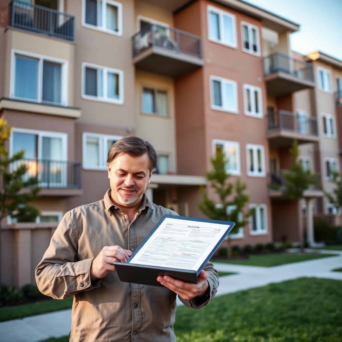 Property manager reviewing a Greystone maintenance report in front of a multi-family building