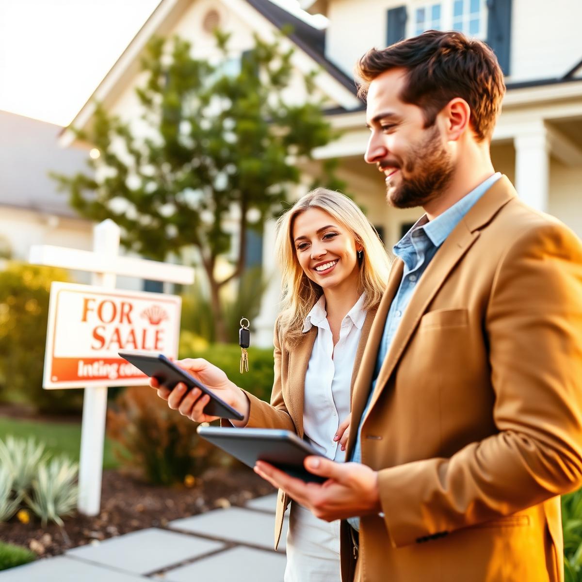 Realtor reviewing a Greystone inspection report on a tablet in front of a listed home