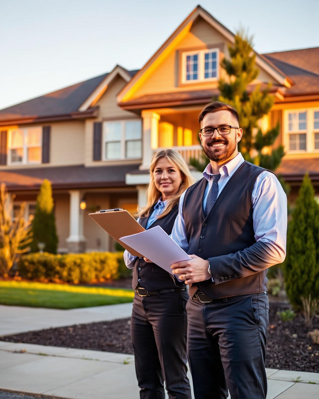 A Greystone contractor and a property professional reviewing an inspection report in front of a home at sunset