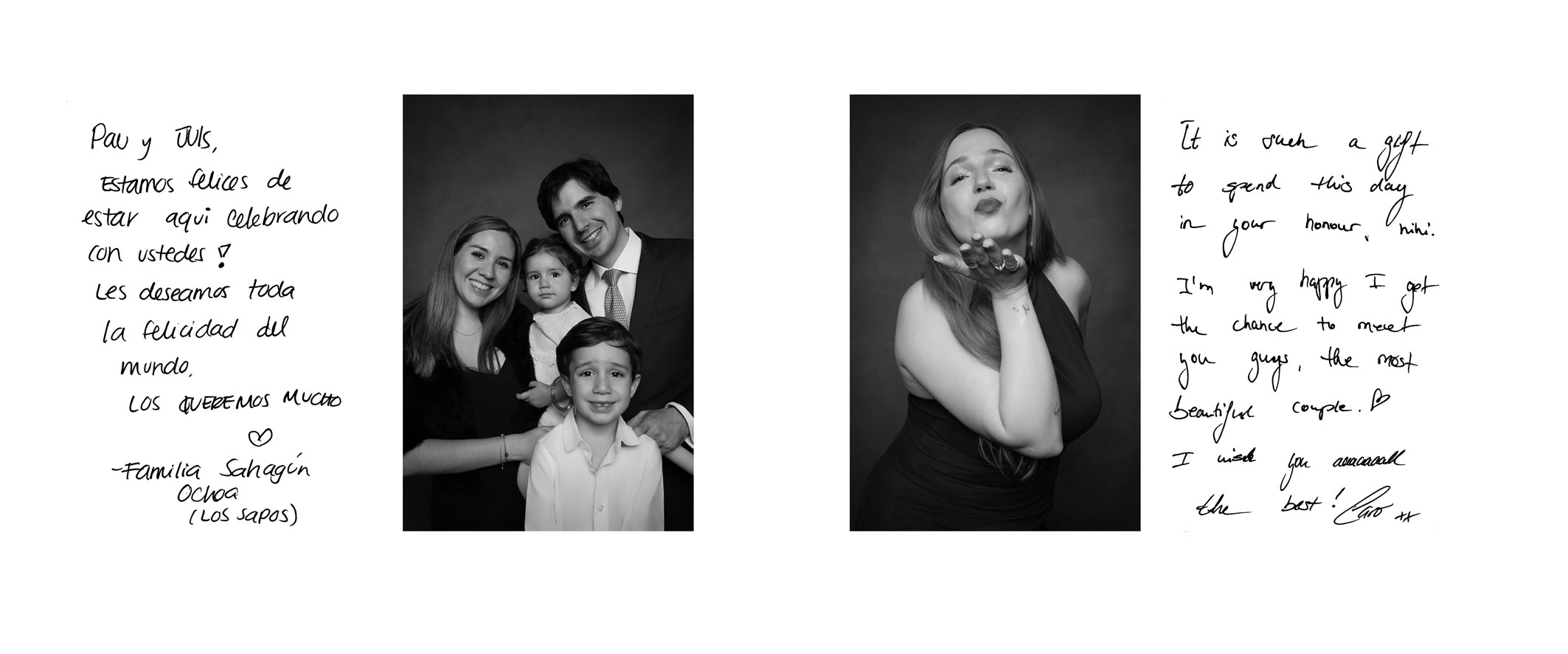 Elegant wedding guest portrait album featuring black and white portraits paired with handwritten messages from family and friends. Elegant wedding guest portrait album featuring black and white portraits paired with handwritten messages from family and friends.
