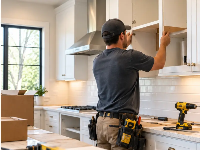 Kitchen remodeler installing new cabinets as part of a kitchen renovation.