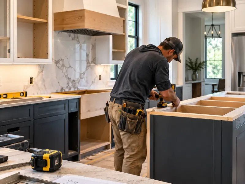 Kitchen remodeler installing a new kitchen island during a home renovation.