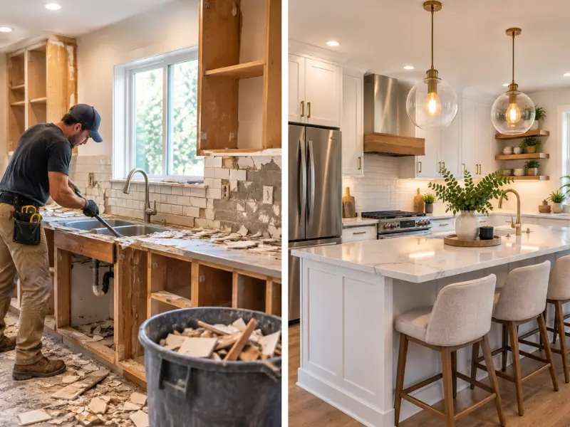 Before and after kitchen remodel: gutted cabinets and demolition debris on the left, finished white kitchen with waterfall marble island and upholstered barstools on the right. Before and after kitchen remodel: gutted cabinets and demolition debris on the left, finished white kitchen with waterfall marble island and upholstered barstools on the right.