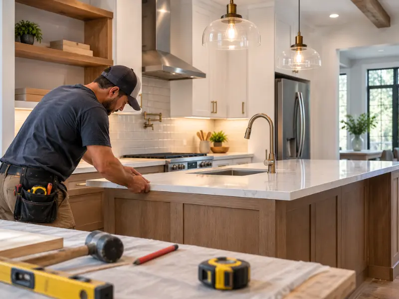 Contractor fitting a marble countertop onto a natural wood kitchen island, with glass globe pendant lights and stainless range hood in the background. Contractor fitting a marble countertop onto a natural wood kitchen island, with glass globe pendant lights and stainless range hood in the background.