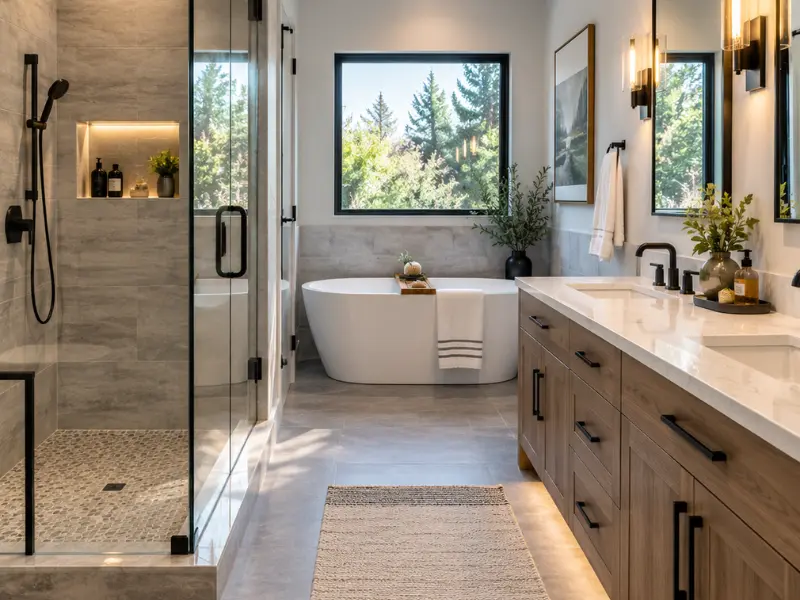 Remodeled bathroom with glass shower enclosure, freestanding soaking tub, and wood vanity with double sinks. Remodeled bathroom with glass shower enclosure, freestanding soaking tub, and wood vanity with double sinks.