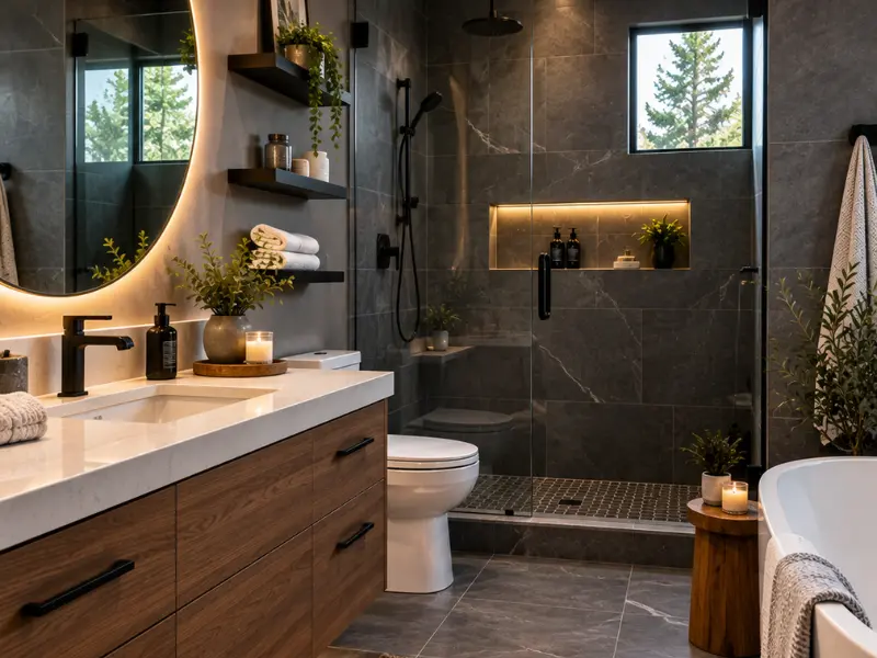 Modern bathroom remodel with dark marble-look tile, backlit round mirror, and glass shower enclosure. Modern bathroom remodel with dark marble-look tile, backlit round mirror, and glass shower enclosure.