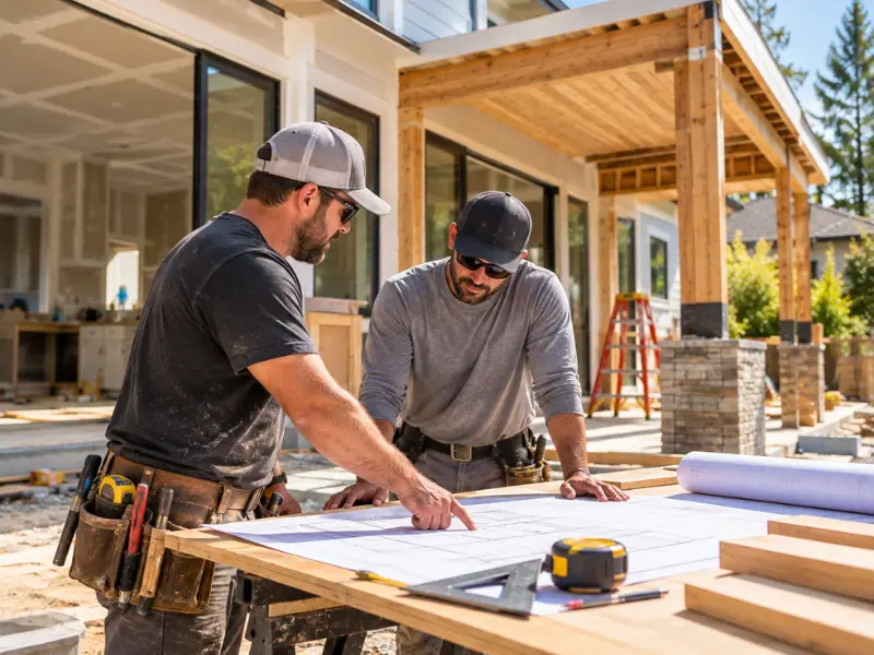 General contractor and crew member discussing building plans on-site. General contractor and crew member discussing building plans on-site.