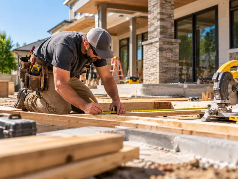 General contractor measuring lumber during deck framing. General contractor measuring lumber during deck framing.