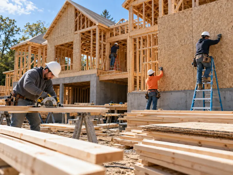 Construction crew framing a residential home with wood sheathing and lumber on site. Construction crew framing a residential home with wood sheathing and lumber on site.