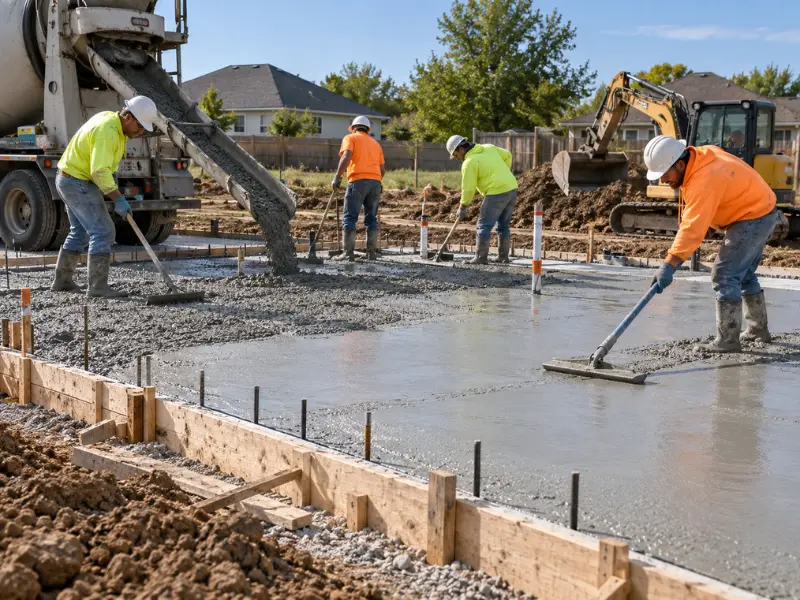 Construction crew pouring and finishing a concrete slab foundation with a mixer truck on site. Construction crew pouring and finishing a concrete slab foundation with a mixer truck on site.