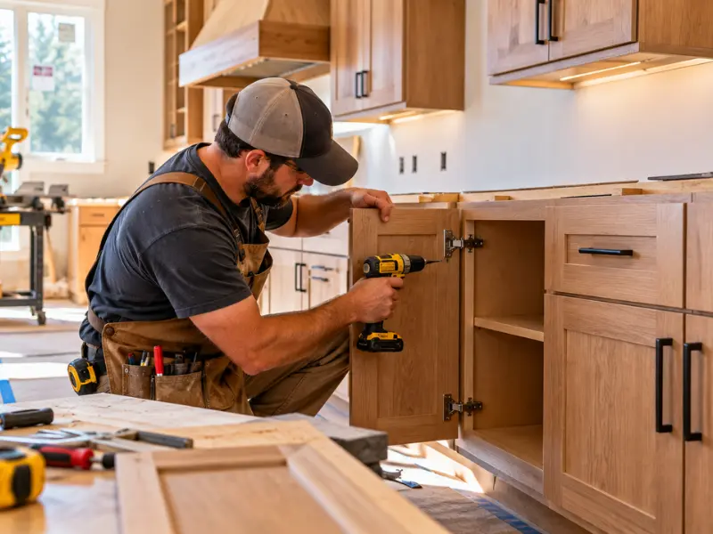 Contractor drilling and installing cabinet door hinges during a kitchen cabinet build.