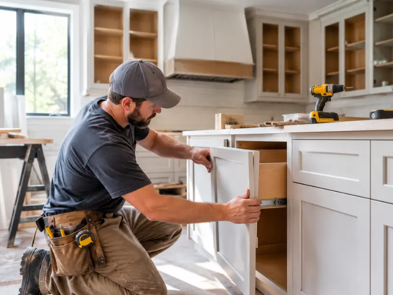 Carpenter fitting a drawer into a white kitchen island cabinet during installation.