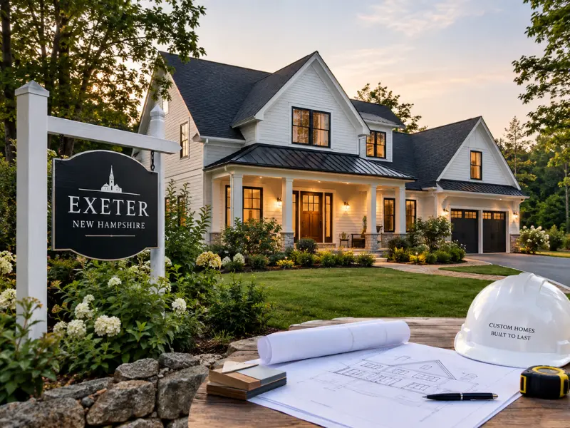 Exeter, New Hampshire sign in front of a new custom home with blueprints and a hard hat in the foreground.