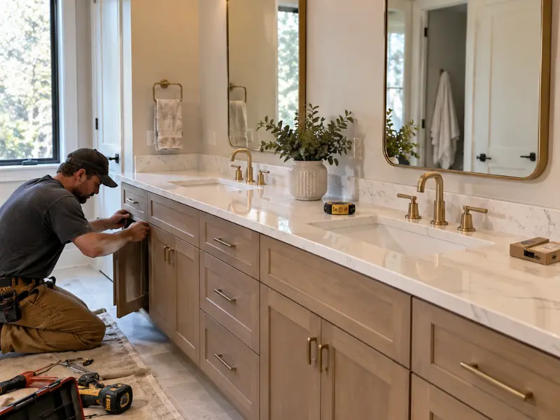 Contractor installing cabinetry on a double vanity during a modern bathroom remodeling project.. Contractor installing cabinetry on a double vanity during a modern bathroom remodeling project..