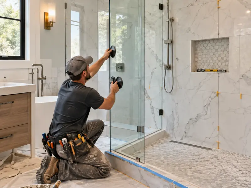 Contractor installing a frameless glass shower enclosure during a modern bathroom remodel.. Contractor installing a frameless glass shower enclosure during a modern bathroom remodel..