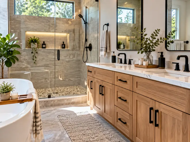 Remodeled bathroom with a double vanity in light wood and white quartz, black fixtures, a glass walk-in shower with a lit niche, and a freestanding tub.