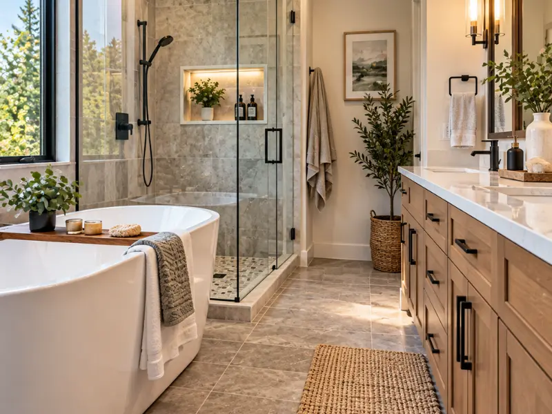 Finished bathroom with a freestanding tub, a glass-enclosed tiled shower with a lit niche and pebble floor, and a wood vanity under a large window.