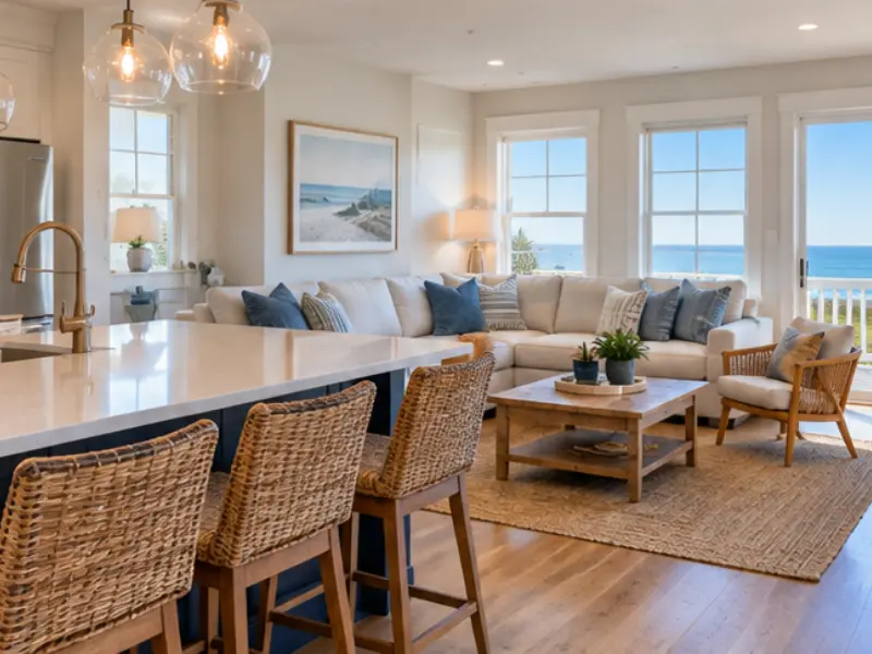 Completed Hampton rental renovation featuring a bright coastal kitchen and living area ready for the upcoming rental season. Completed Hampton rental renovation featuring a bright coastal kitchen and living area ready for the upcoming rental season.