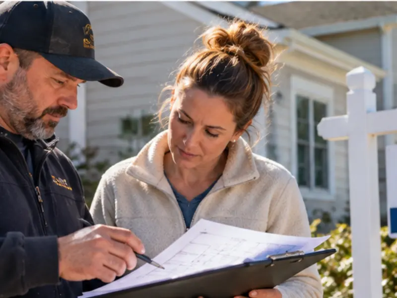 Contractor reviewing renovation plans and seasonal rental timing with a Hampton property owner before construction begins. Contractor reviewing renovation plans and seasonal rental timing with a Hampton property owner before construction begins.
