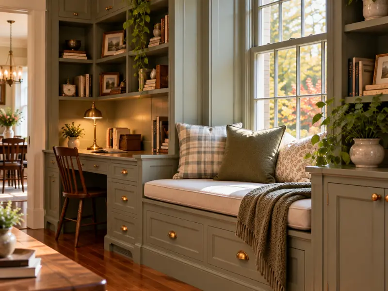 Custom sage green built-in cabinetry with a desk nook, open bookshelves, and a cushioned window seat with drawer storage and brass pulls.