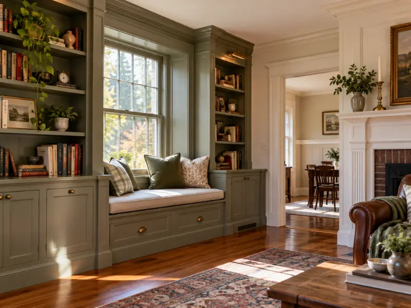 Sage green built-in bookcases flanking a window seat with storage drawers and lower cabinets with brass knobs, in a living room with a brick fireplace.