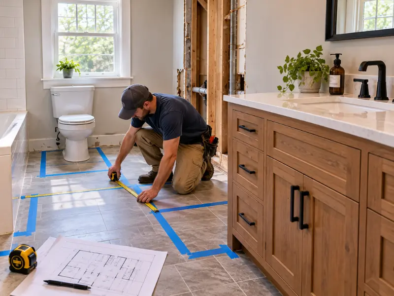 Contractor measuring a bathroom floor marked with blue tape for a remodel layout, with exposed wall framing, floor plans, and a new wood vanity. Contractor measuring a bathroom floor marked with blue tape for a remodel layout, with exposed wall framing, floor plans, and a new wood vanity.